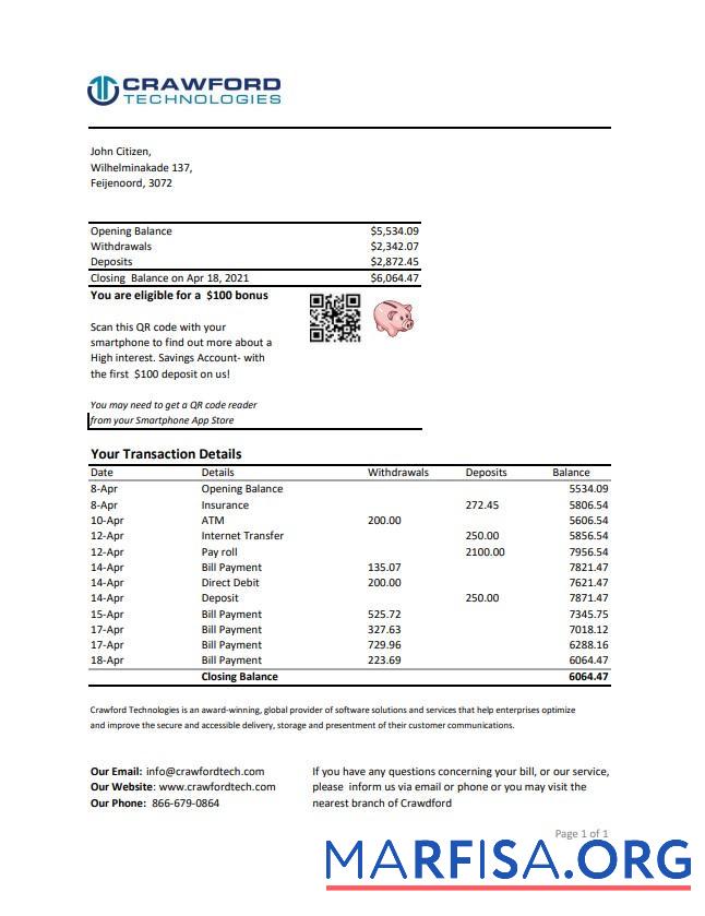 Downloadable Netherlands (Holland) Crawford Technologies bank statement excel sample